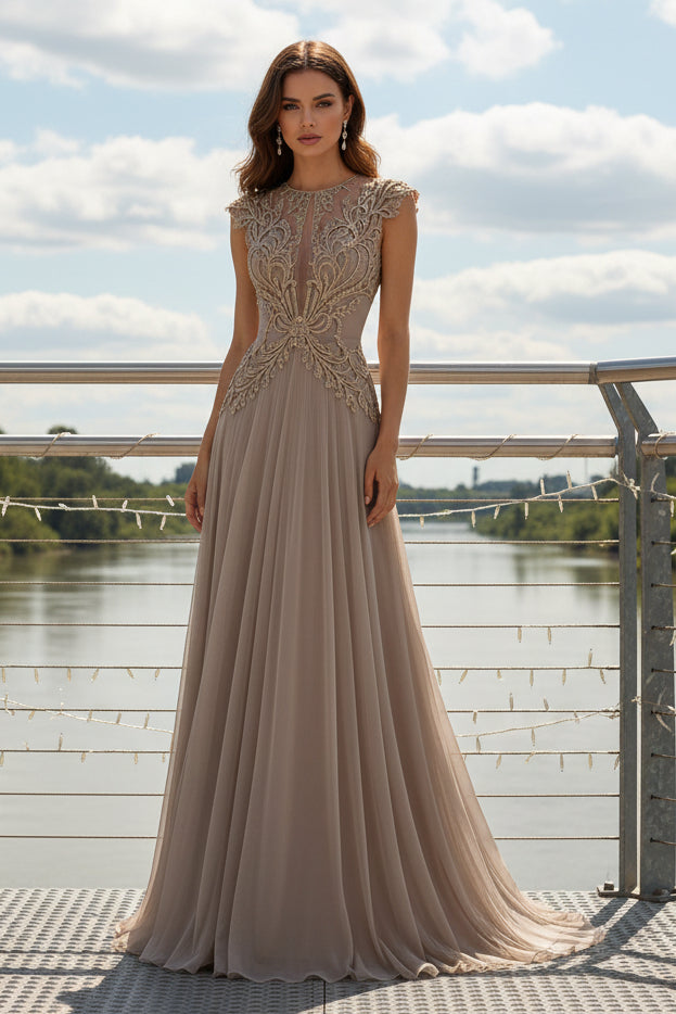 Embroidered Lace Cap Sleeve Pleated Evening Gown