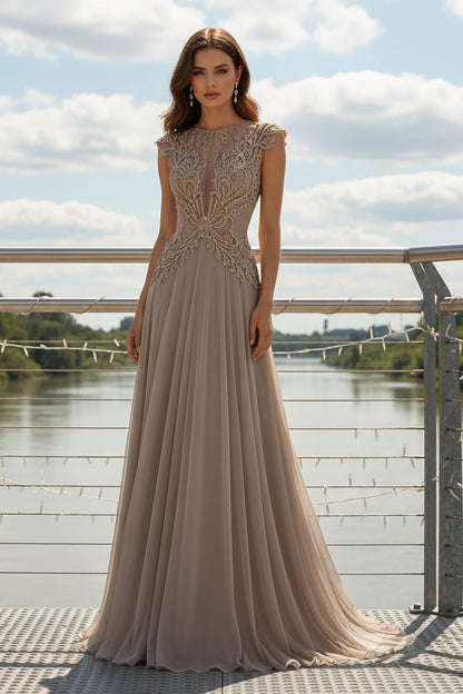 Embroidered Lace Cap Sleeve Pleated Evening Gown