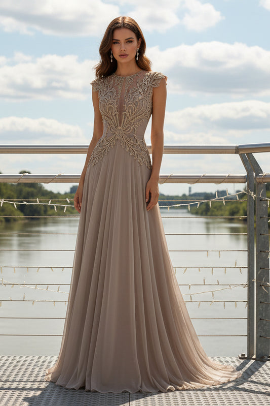 Embroidered Lace Cap Sleeve Pleated Evening Gown