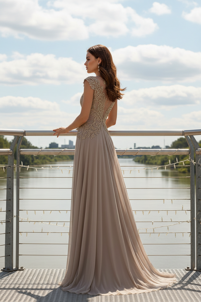 Embroidered Lace Cap Sleeve Pleated Evening Gown
