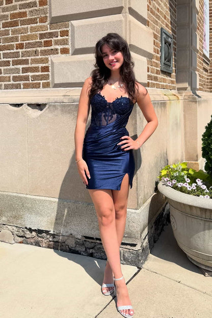Sweetheart Illusion Bodice Mini Dress with Side Slit