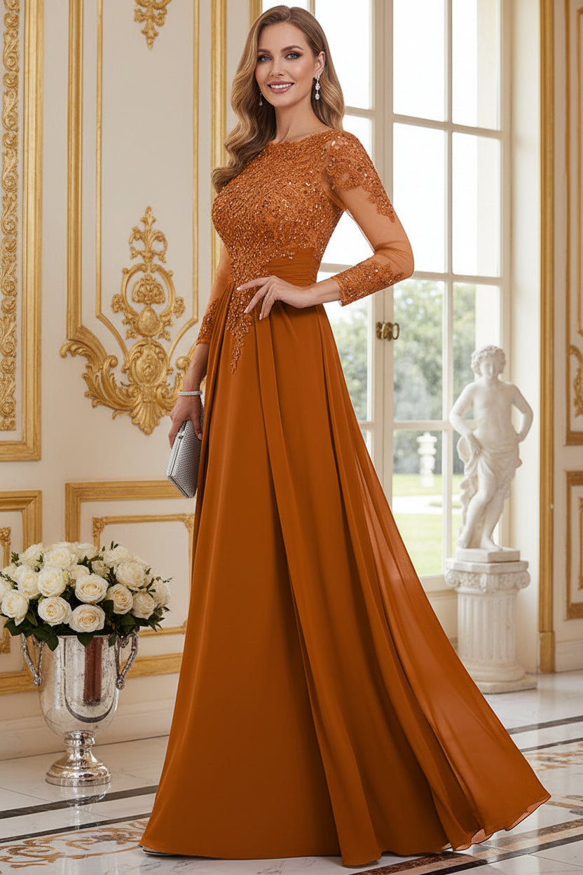 Embroidered Lace Illusion Bodice Chiffon Gown