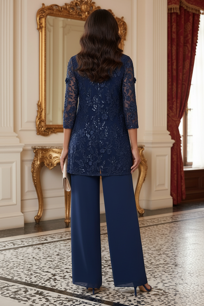 3-Piece Sequin Lace Jacket & Wide-Leg Pantsuit