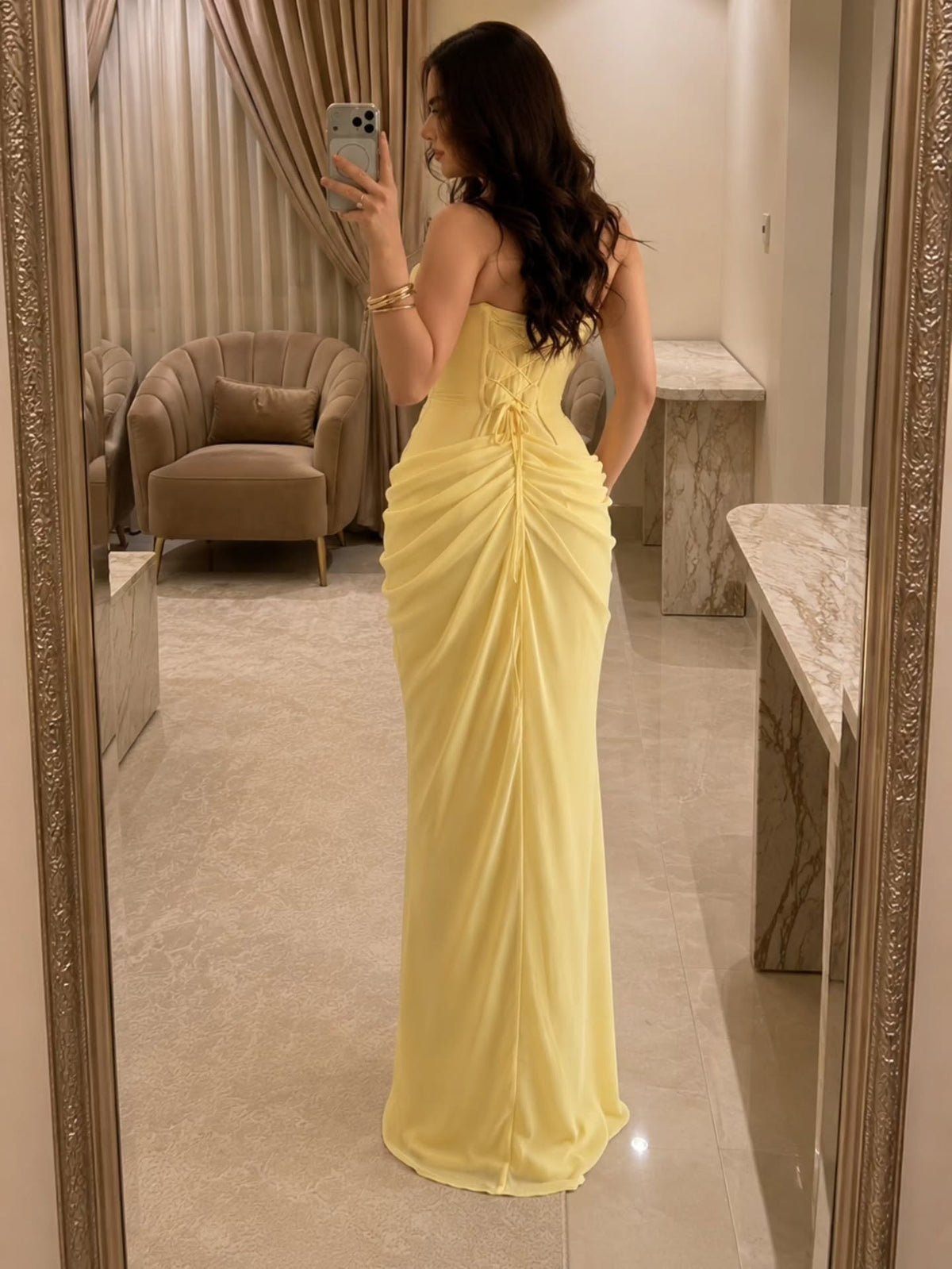 Strapless Draped Corset Gown with High Slit