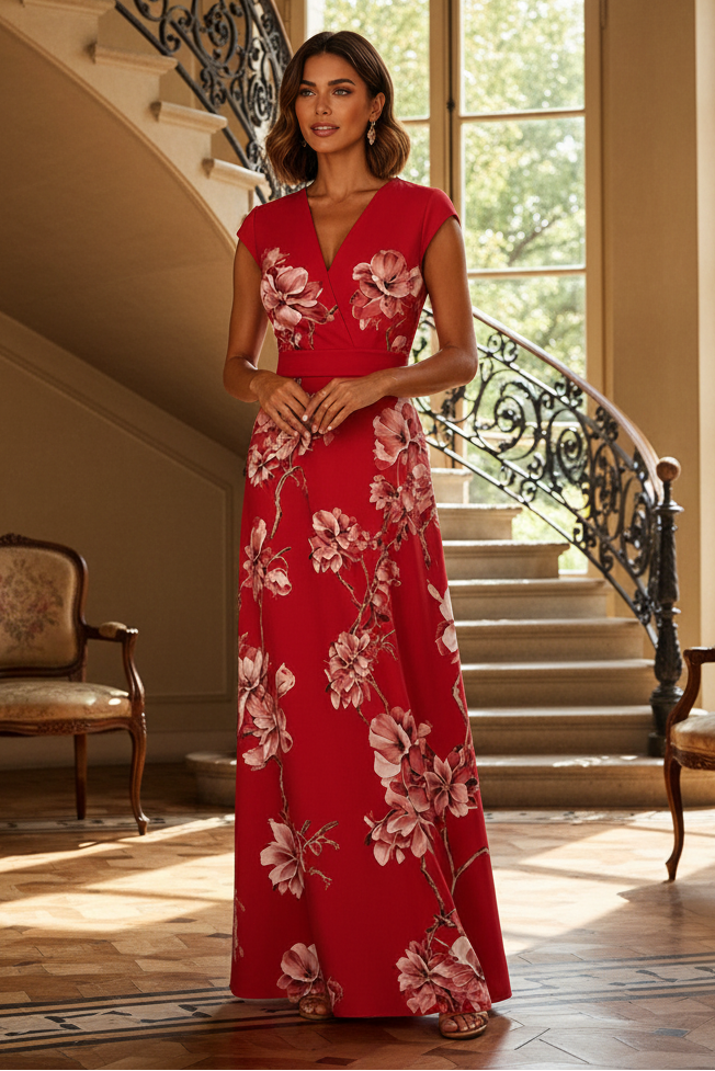 Elegant Floral Print V-Neck Maxi Dress
