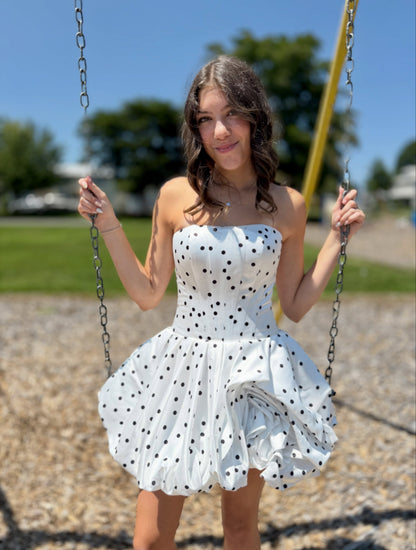 Strapless Polka Dot Mini Dress with Bubble Hem