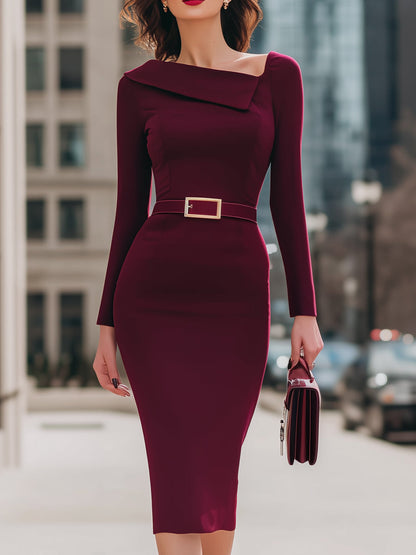 Asymmetric Fold Collar Long Sleeve Belted Midi Dress