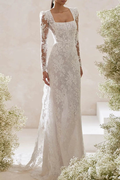 Lace Long Sleeve A-Line Wedding Dress with Open Back