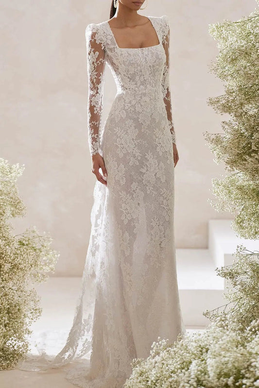 Lace Long Sleeve A-Line Wedding Dress with Open Back