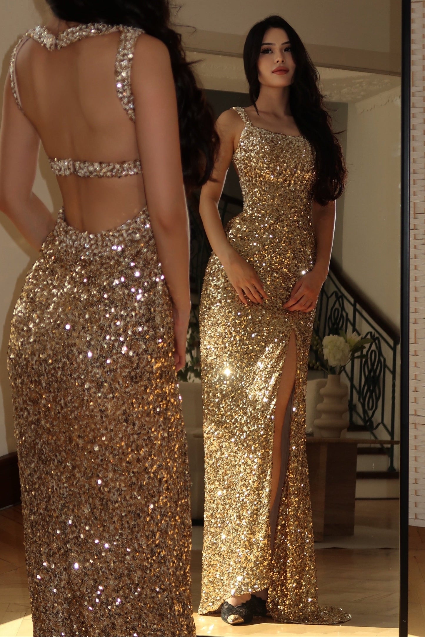 Backless Sequin Evening Gown with High Slit