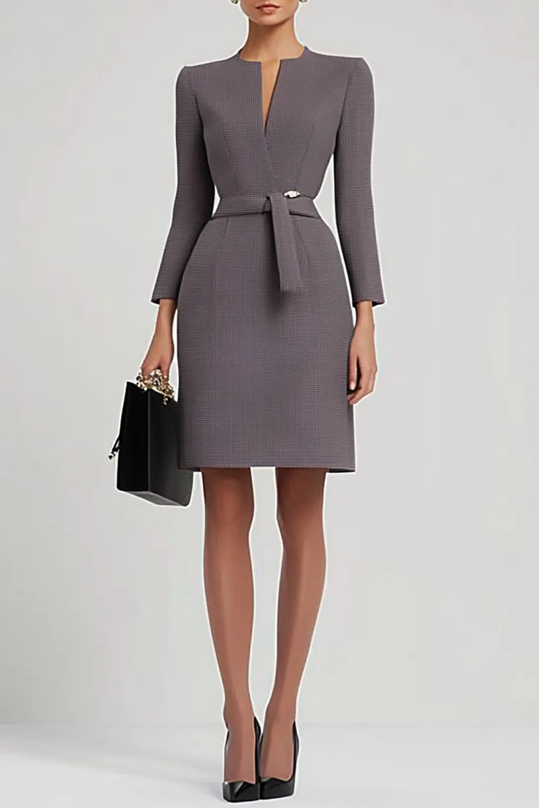 Split Neck Belted Sheath Dress with Long Sleeves