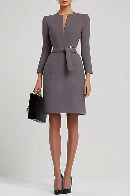 Split Neck Belted Sheath Dress with Long Sleeves