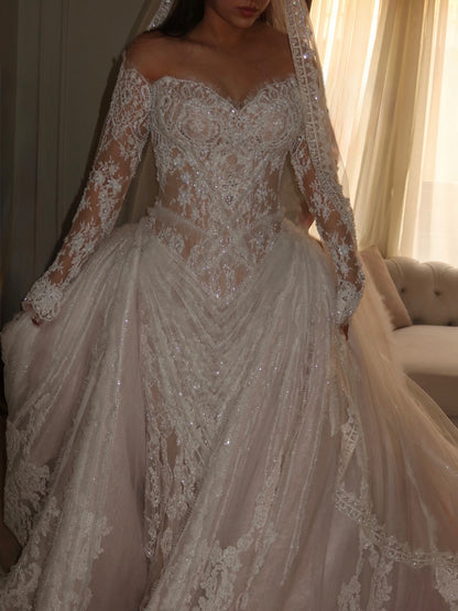 Off-the-Shoulder Beaded Lace Ball Gown Wedding Dress