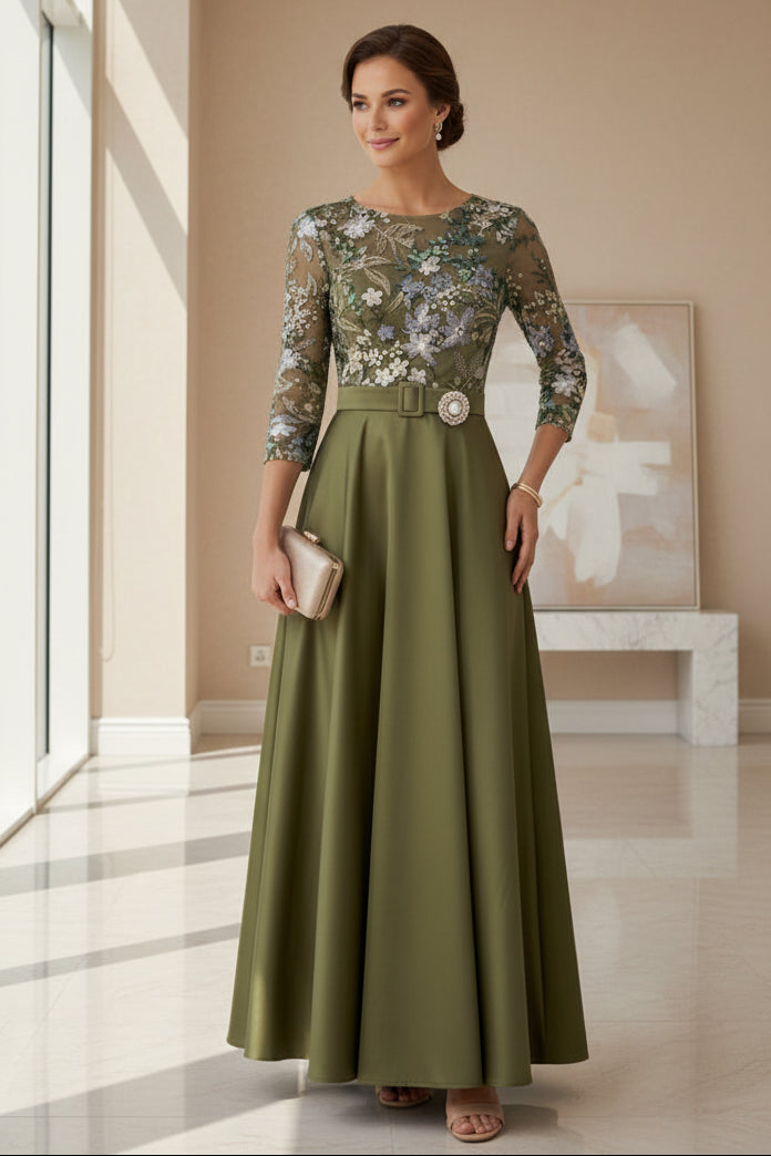 Olive Green Floral Embroidered Illusion Bodice A-Line Mother of the Bride Gown