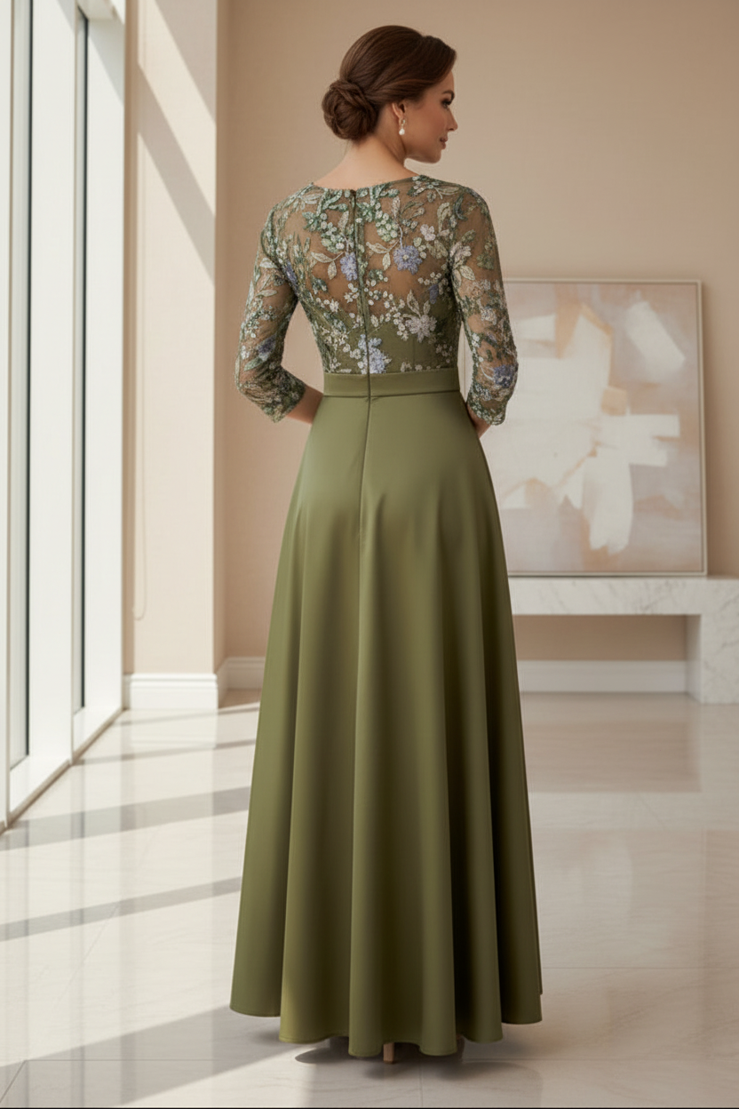 Olive Green Floral Embroidered Illusion Bodice A-Line Mother of the Bride Gown