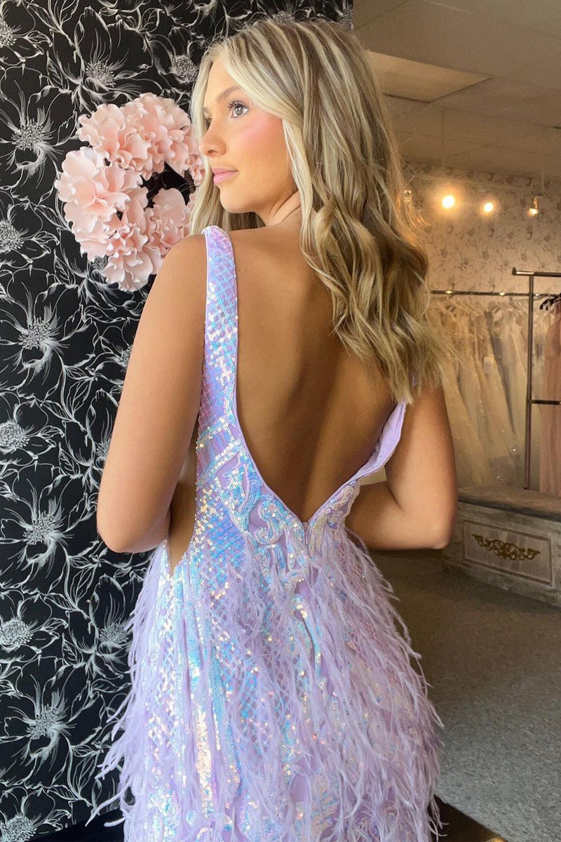 Iridescent Sequin Plunging Open Back Feather Dress