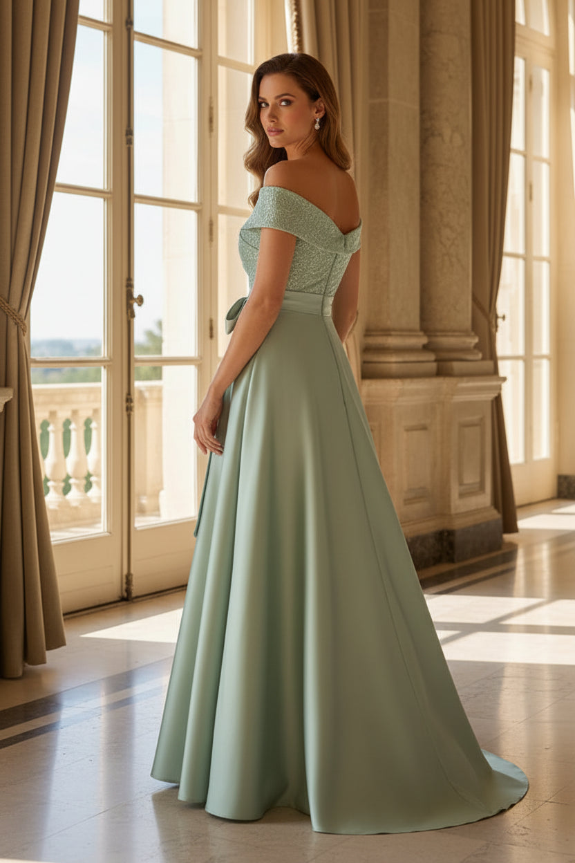 Off-the-Shoulder Shimmer Bodice A-Line Gown