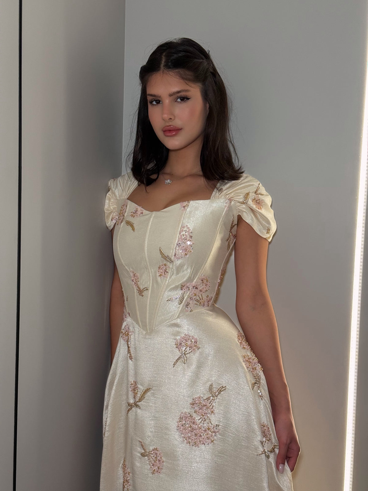 Embroidered Corset Gown with Cap Sleeves