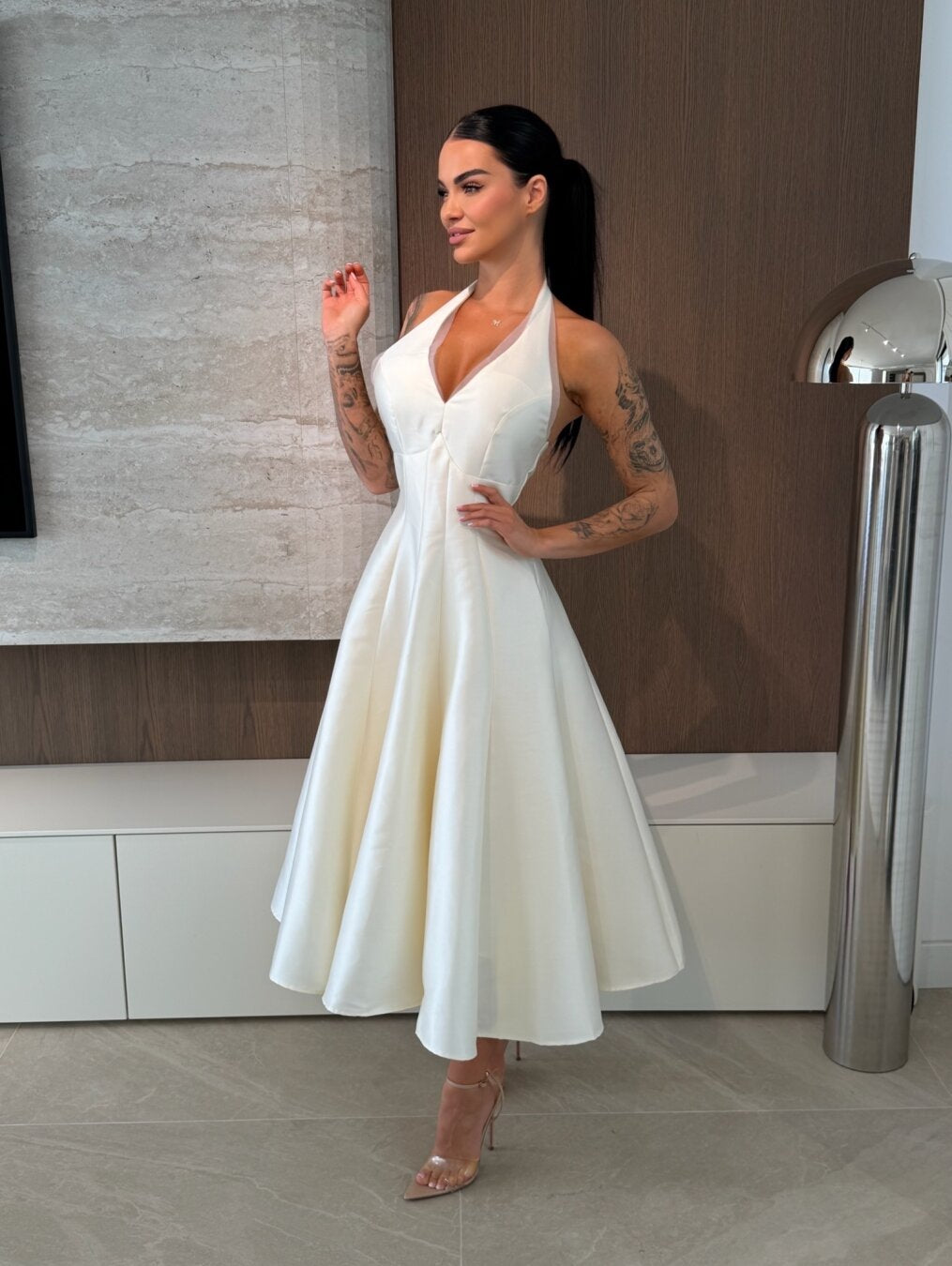 Halter V-Neck Satin A-Line Midi Dress