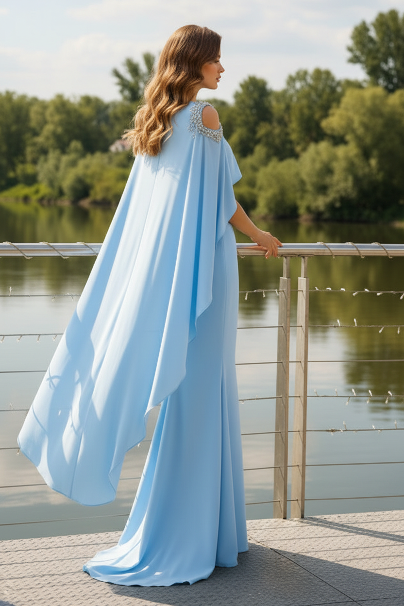 Cold-Shoulder Cape Gown with Rhinestone Accent