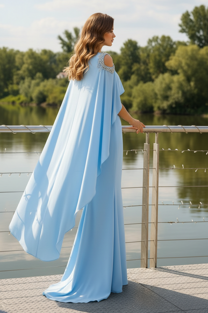 Cold-Shoulder Cape Gown with Rhinestone Accent