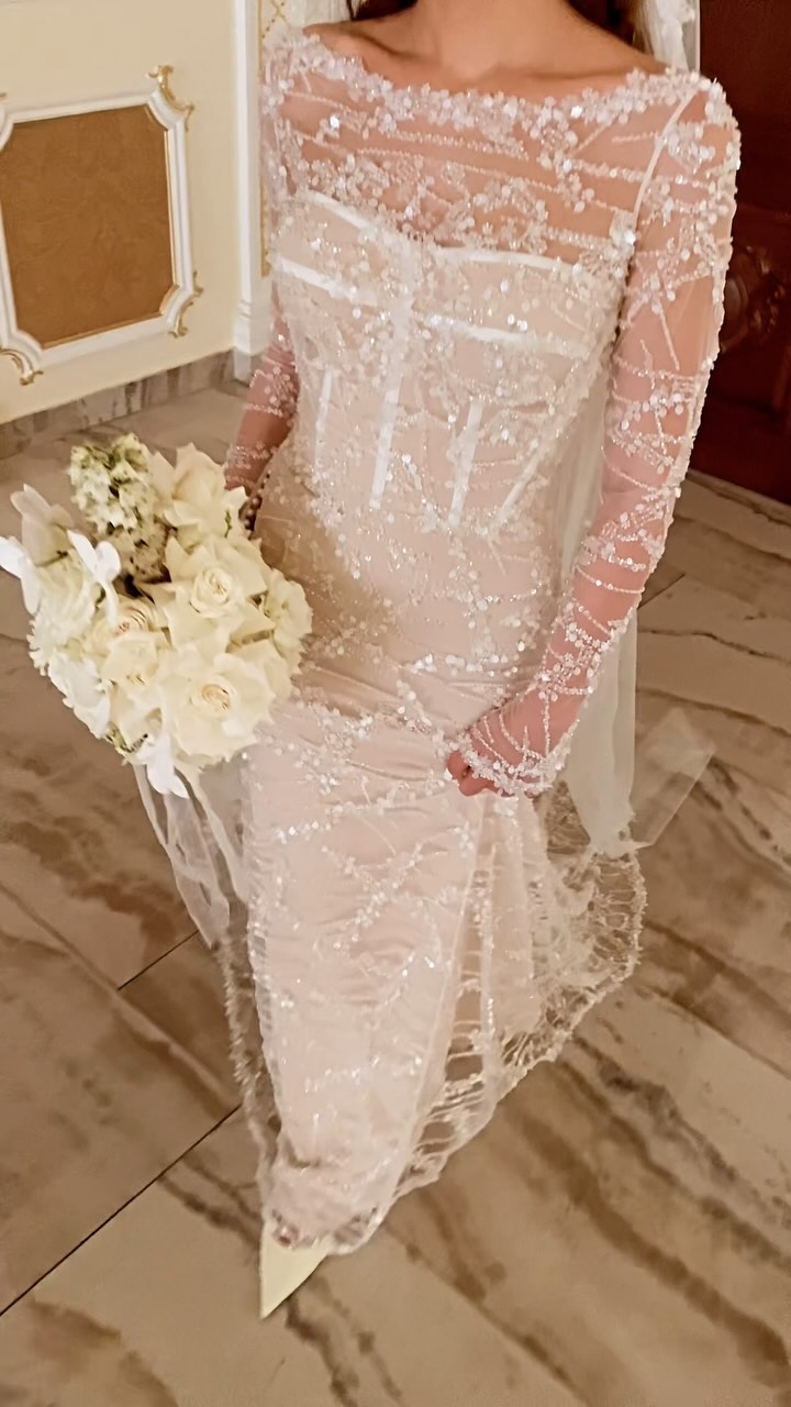 Sequined Corset Long Sleeve Wedding Dress
