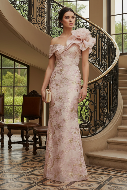 Asymmetrical Ruffle One Shoulder Jacquard Evening Gown