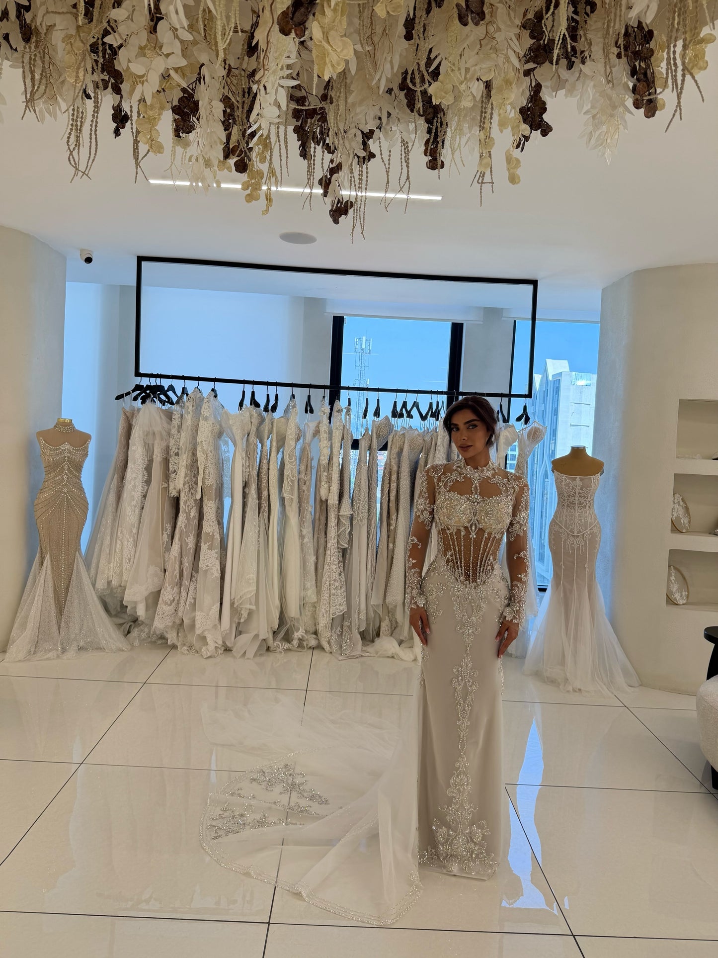 Beaded Corset Long Sleeve Illusion Wedding Dress