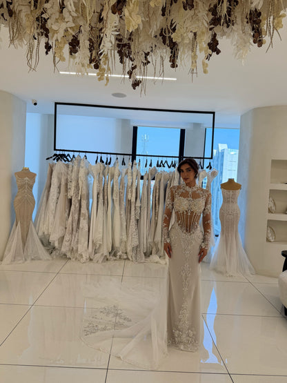 Beaded Corset Long Sleeve Illusion Wedding Dress