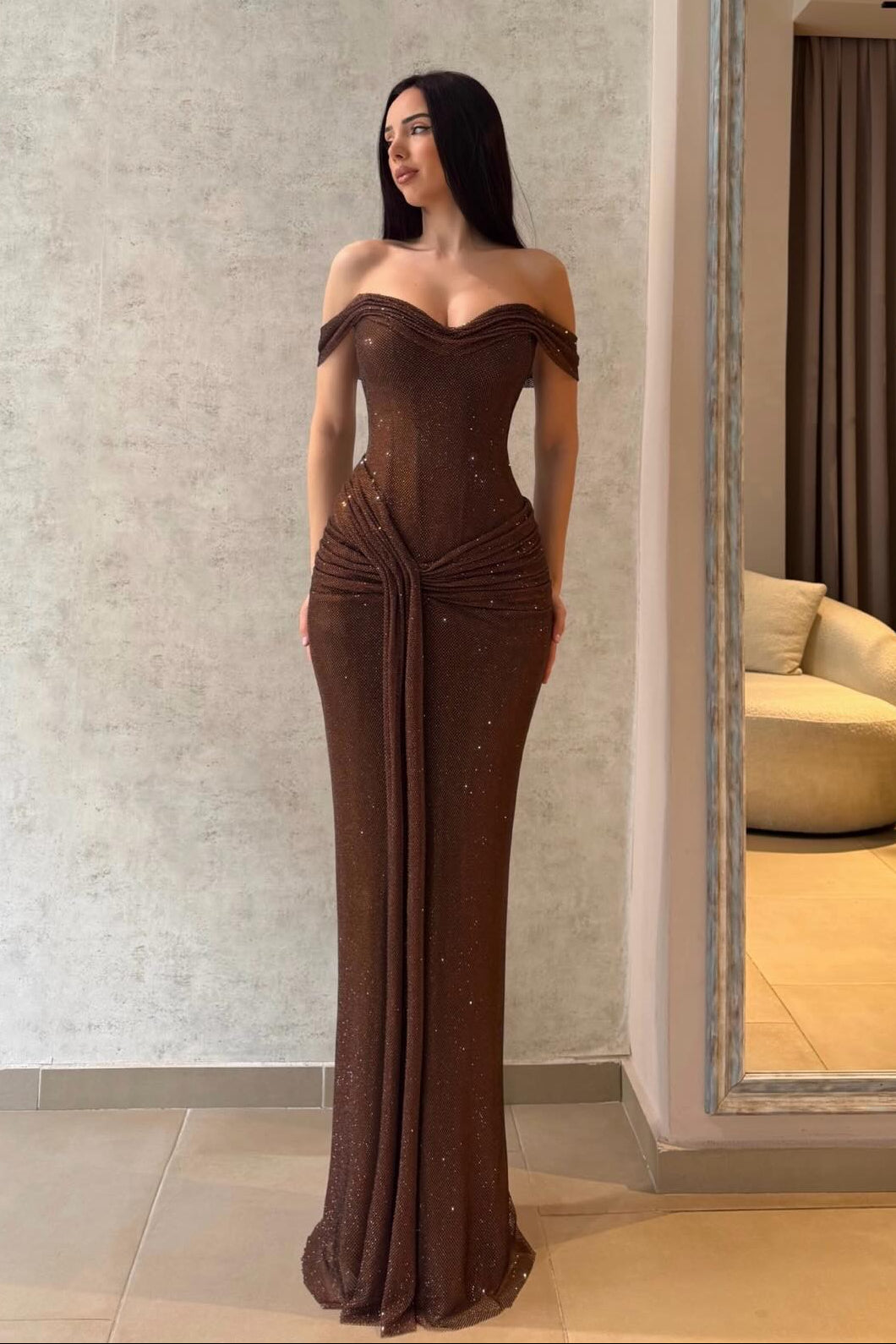 Glitter Off-The-Shoulder Ruched Column Gown