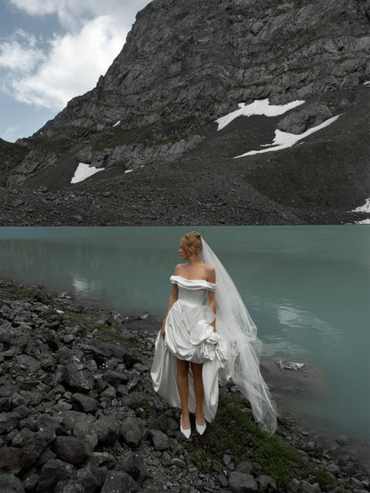 Strapless High-Low Satin Wedding Dress with Train