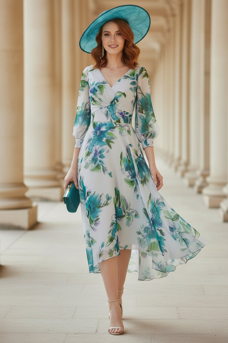 Floral Print Chiffon Wrap V-Neck Midi Dress for Mother of the Bride