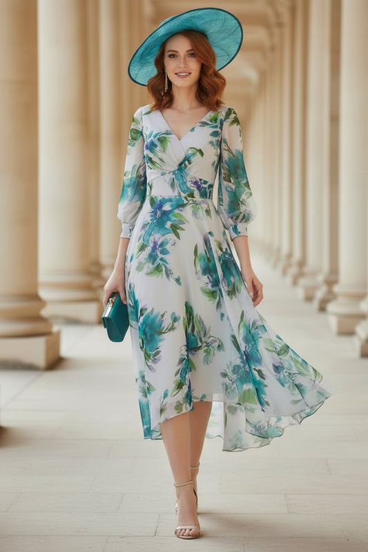 Floral Print Chiffon Wrap V-Neck Midi Dress for Mother of the Bride