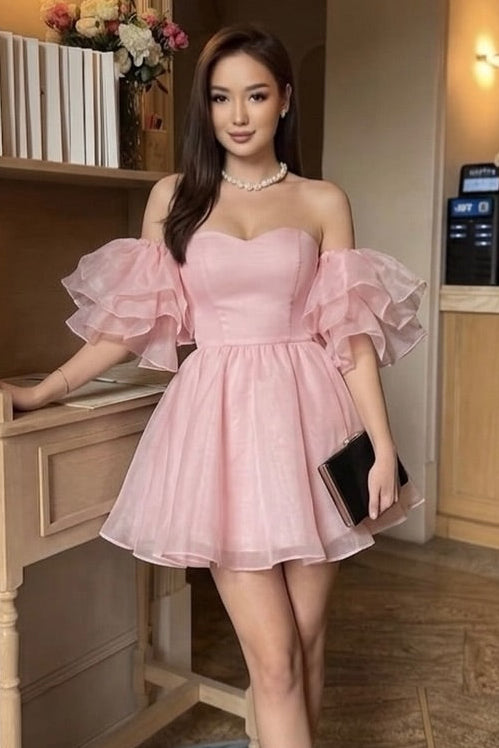 Off-the-Shoulder Sweetheart Ruffled Organza Mini Dress