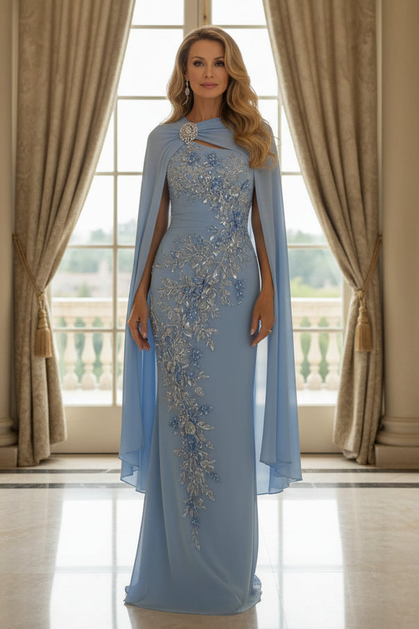 Embellished Sheath Gown with Attached Cape