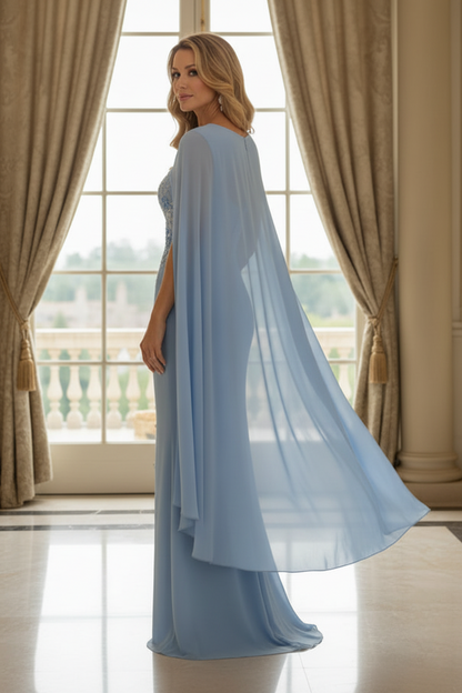 Embellished Sheath Gown with Attached Cape