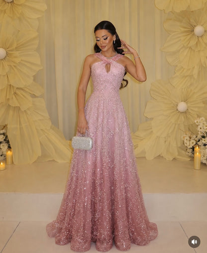 Halter Keyhole Sequined A-Line Evening Gown