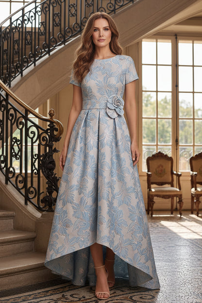 High-Low Jacquard Gown with Floral Pattern & Flower Detail