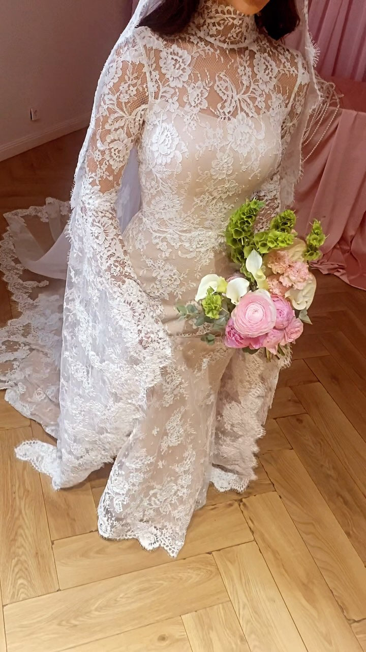 High Neck Lace Wedding Dress with Bell Sleeves