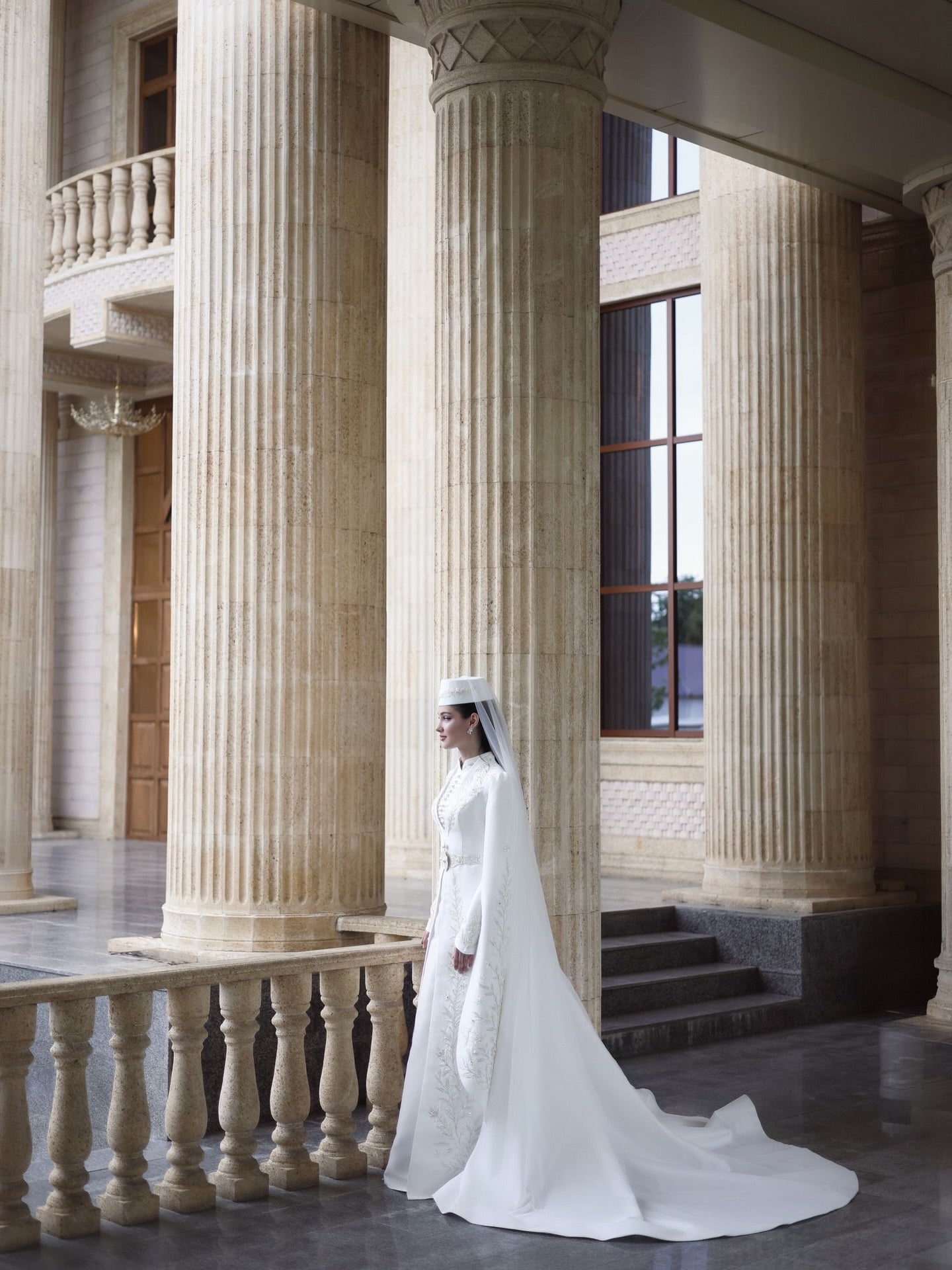 High-Neck Embroidered Bridal Gown with Cape Sleeves