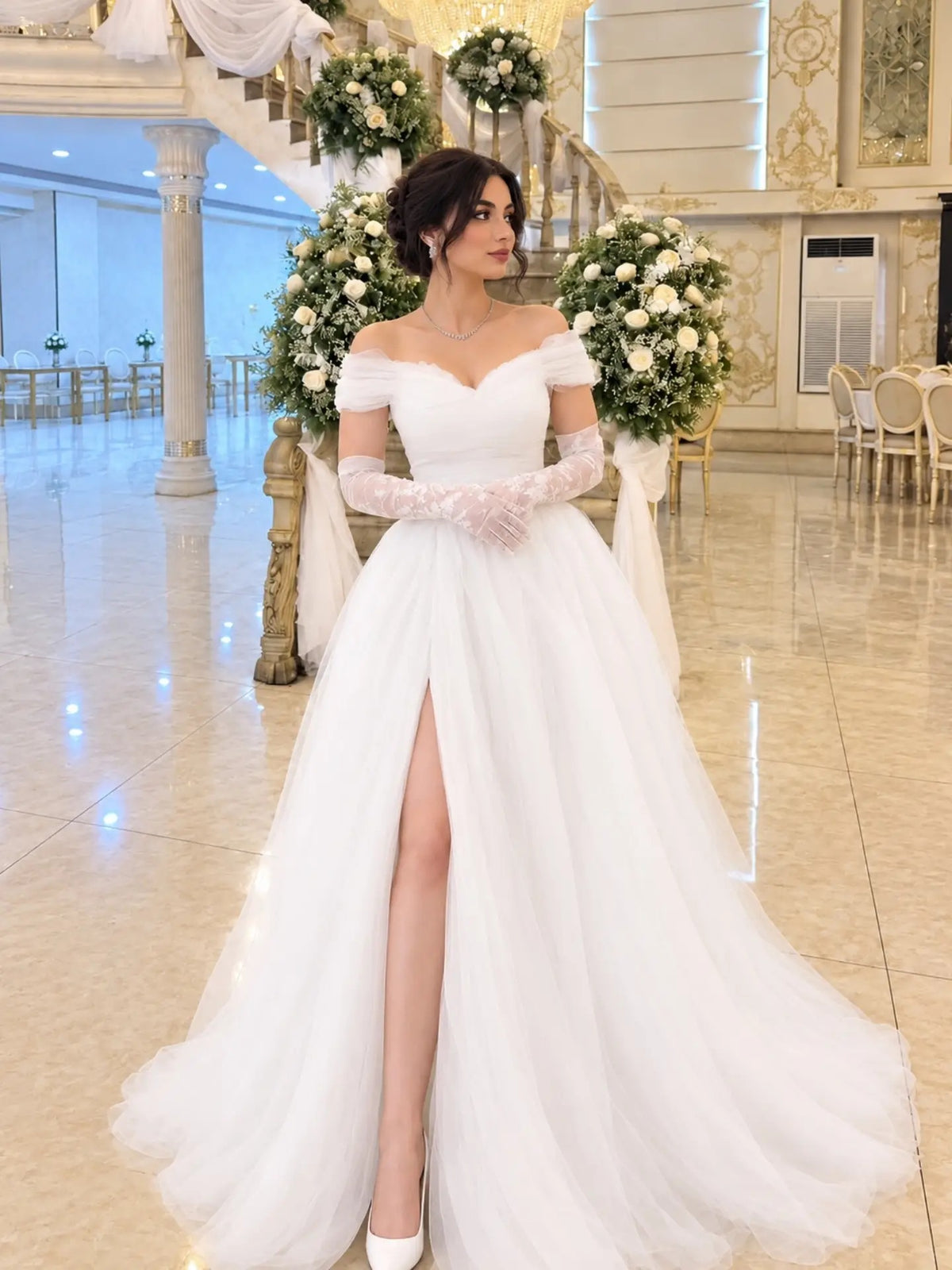 Off-the-Shoulder Tulle A-Line Gown with Slit