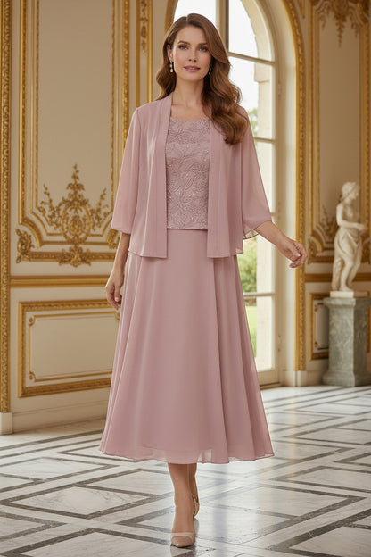 Embroidered Tea-Length Dress with Chiffon Jacket