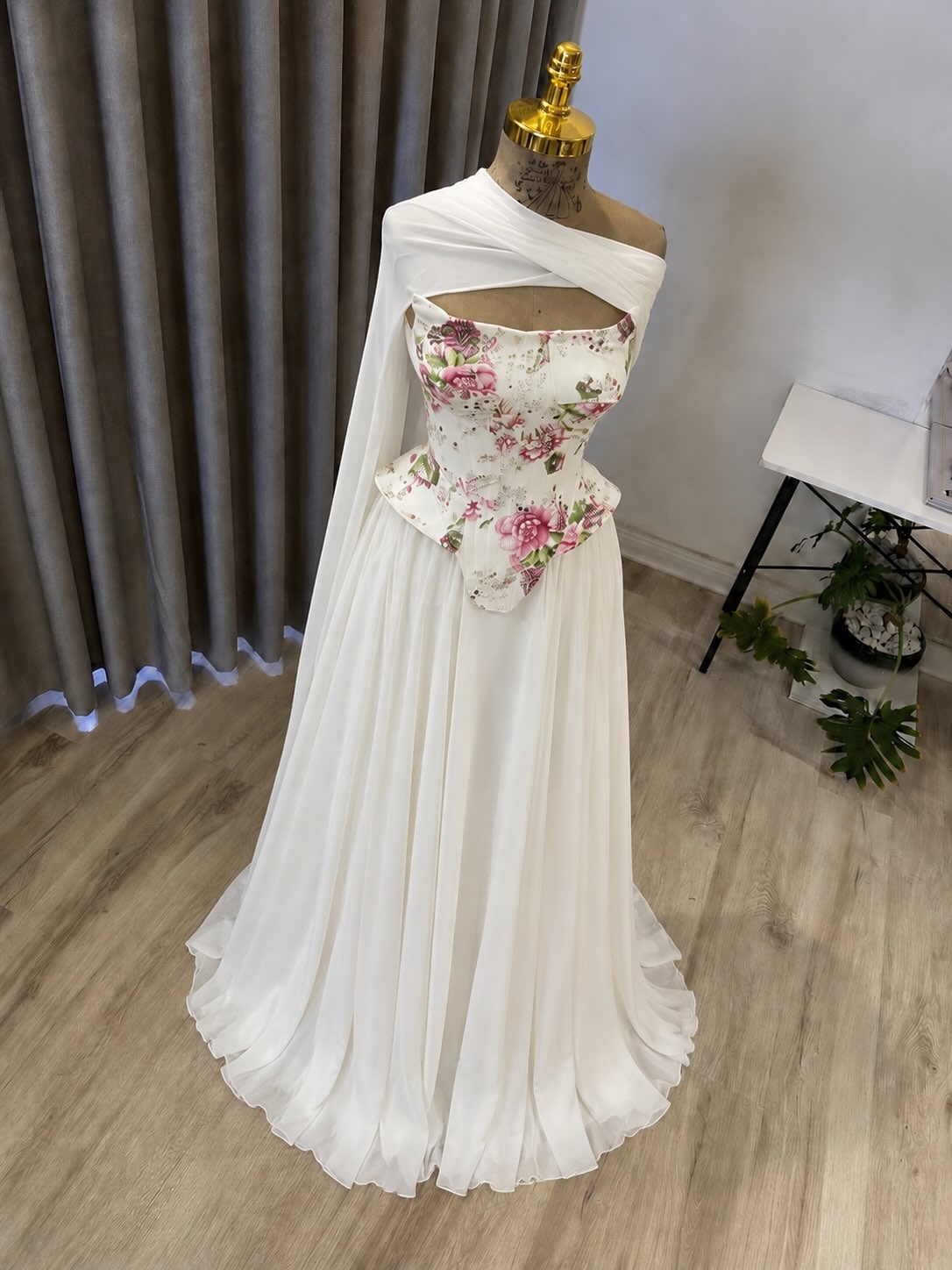 Floral Corset A-Line Gown with Draped Wrap