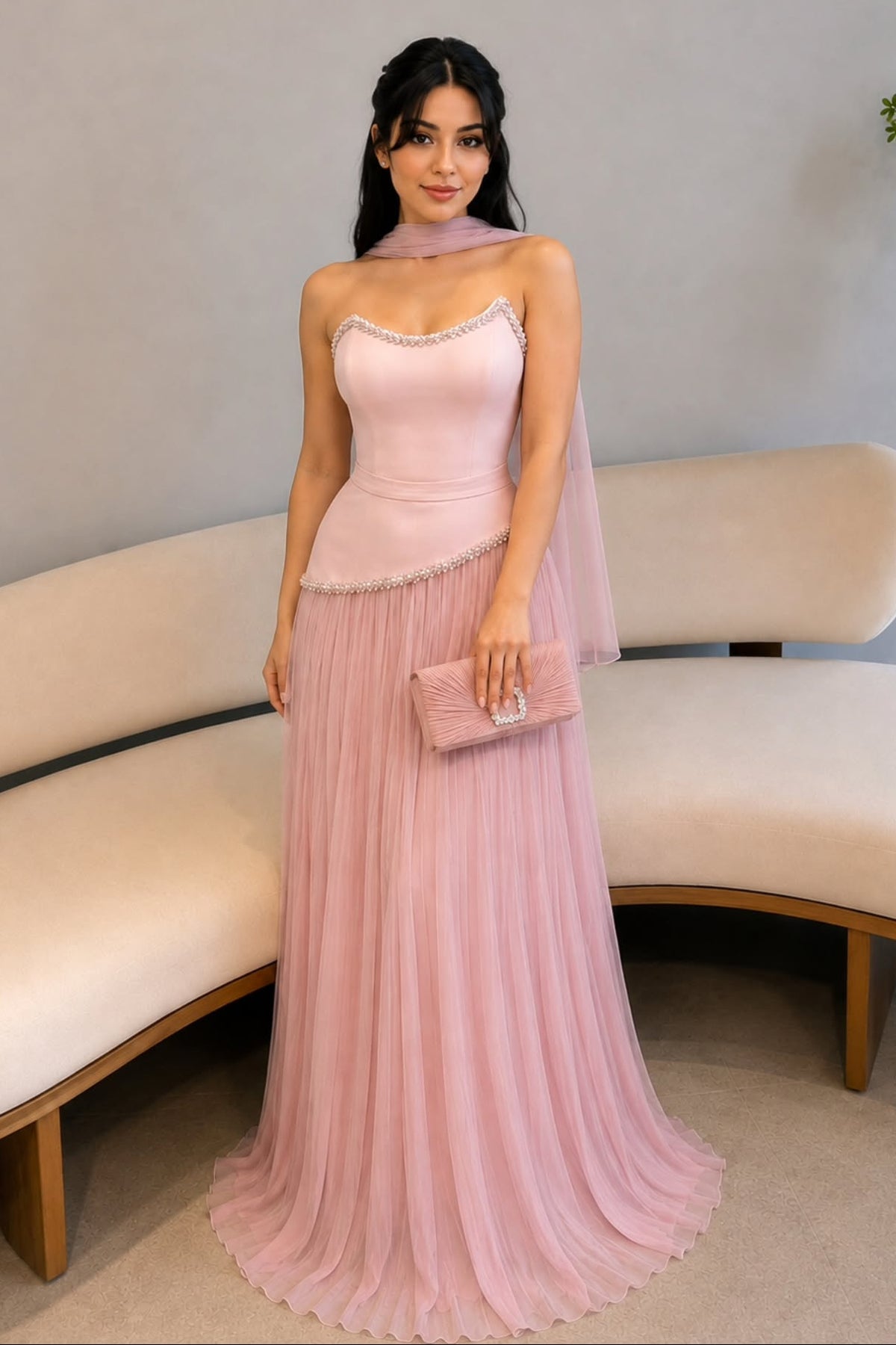 Pearl-Trimmed Strapless Pleated Evening Gown