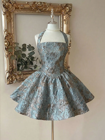 Halter Neck Jacquard Fit and Flare Mini Dress