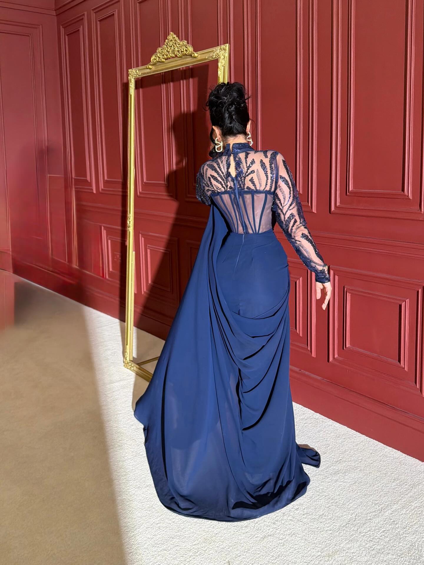 High-Neck Corset Evening Gown with Side Cape and Slit