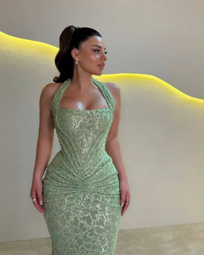 Halter Corset Ruched Mermaid Evening Gown