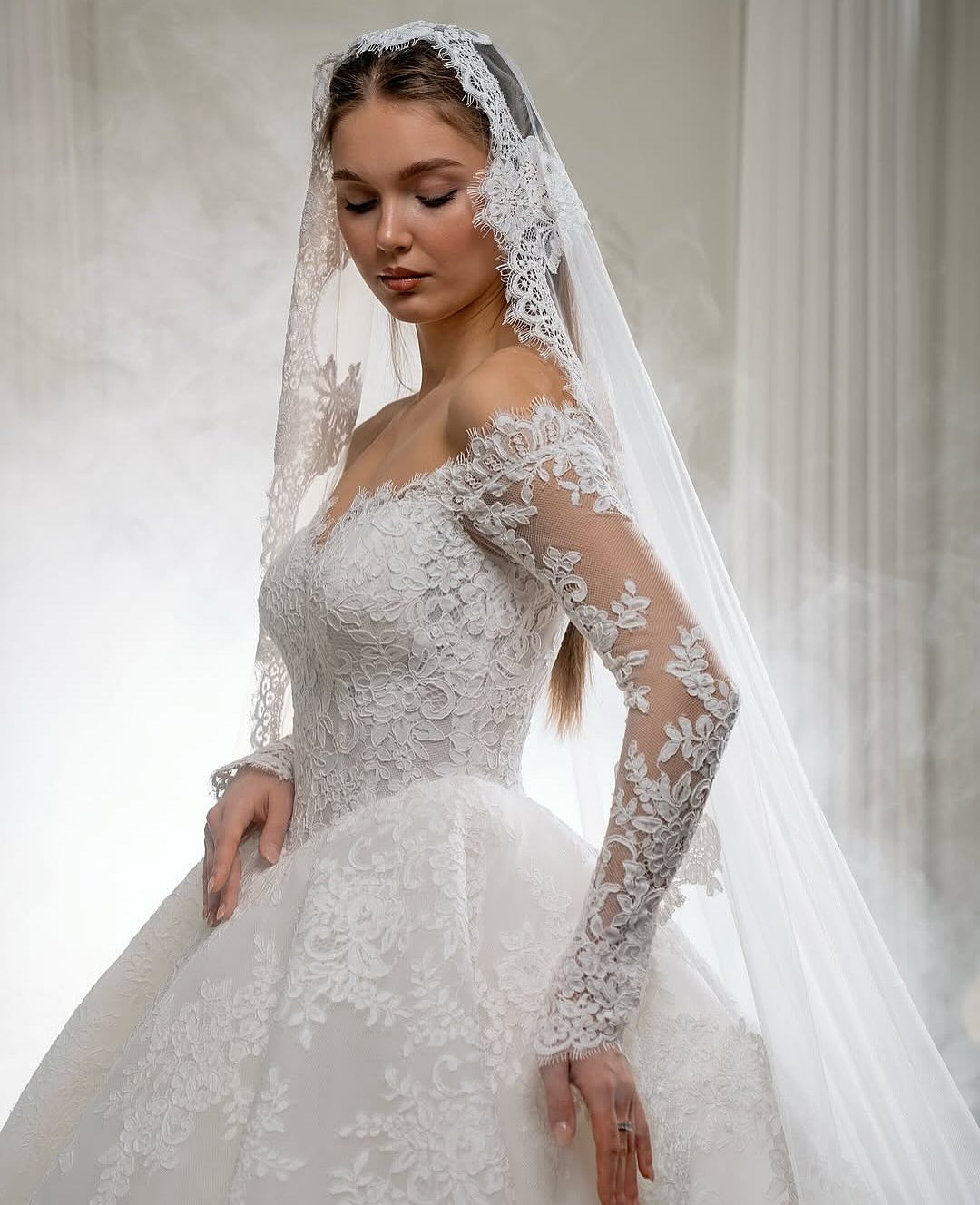 Off-Shoulder Lace Ball Gown Wedding Dress
