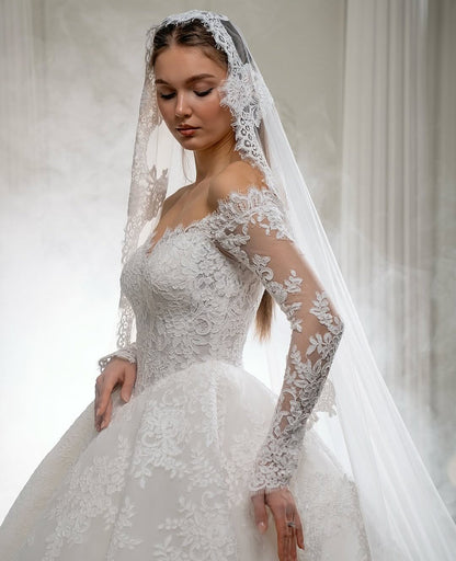 Off-Shoulder Lace Ball Gown Wedding Dress