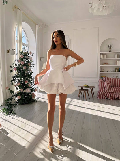 Strapless Peplum Mini Dress with 3D Flowers